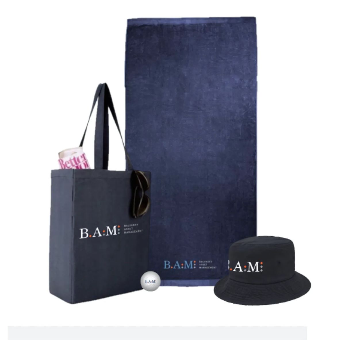 Custom branded merchandise kit by 3tree Marketing for BAM Costa Rica event featuring tote, towel, hat, and golf ball